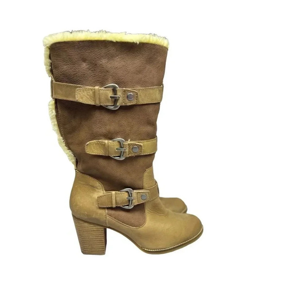 Giani Bini Knee Length Riding Boots 11M Tan Faux Fur Lining Buckle Heel Pull On - Picture 1 of 11